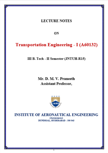 Transportation Engineering 1 Lecture notes pdf free download